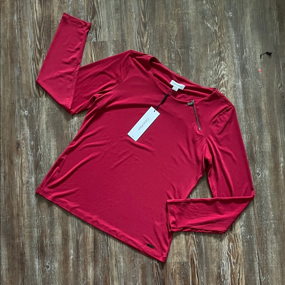 Calvin Klein Red Long Sleeve Business Casual Academia Preppy Zipper Shoulder Top